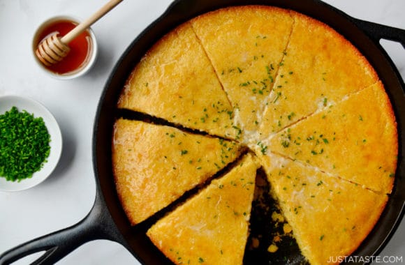 Easy Skillet Cornbread topped with fresh chives