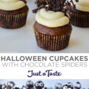 Top image: A close-up view of Halloween Cupcakes with vanilla buttercream, chocolate spiders and candy eyes. Bottom image: Halloween Cupcakes with vanilla buttercream, chocolate spiders and candy eyes.