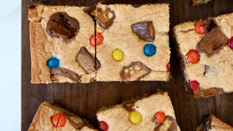 Leftover Halloween candy blondies cut into squares.