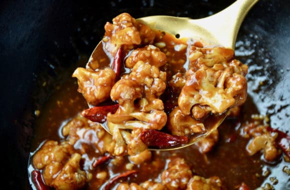 Slotted spoon with General Tso's Cauliflower