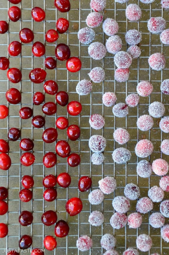 A baking wrack with sugared cranberries scattered on top