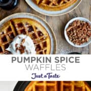 Top image: Two plates containing pumpkin waffles topped with whipped cream, powdered sugar and pecans. Bottom image: A golden-brown waffle in a waffle maker.