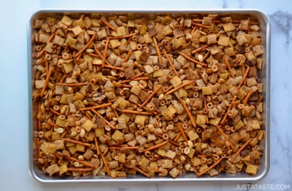 Baking sheet containing Baked Chex Mix