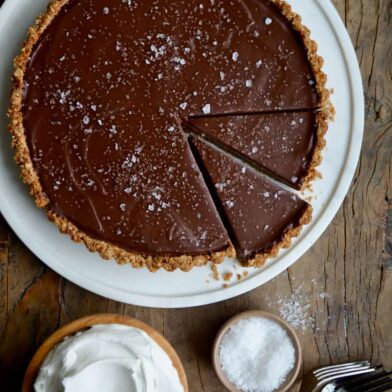 Chocolate-Peanut Butter Pretzel Tart topped with large-flake sea salt