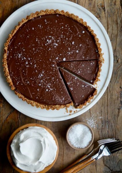 Chocolate-Peanut Butter Pretzel Tart topped with large-flake sea salt