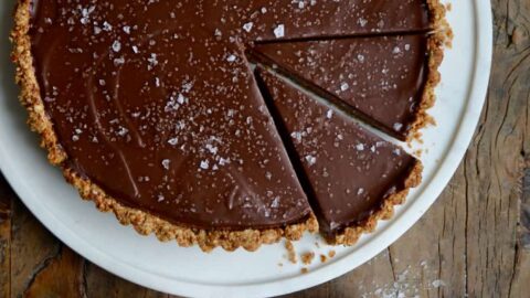 Chocolate-Peanut Butter Pretzel Tart topped with large-flake sea salt