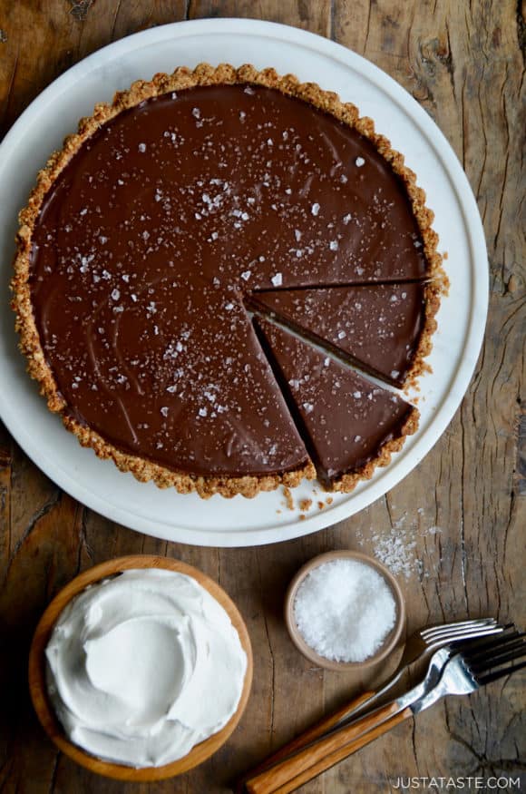 Chocolate-Peanut Butter Pretzel Tart topped with large-flake sea salt