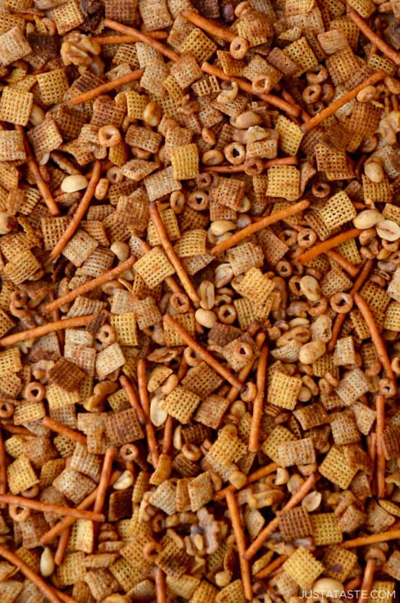 Closeup view of Homemade Chex Mix with pretzels and mixed nuts