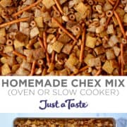 Top image: A close-up view of Homemade Chex Mix with Chex cereal, Cheerios, pretzel sticks, peanuts and walnuts. Bottom image: A baking sheet containing original Chex mix party mix.