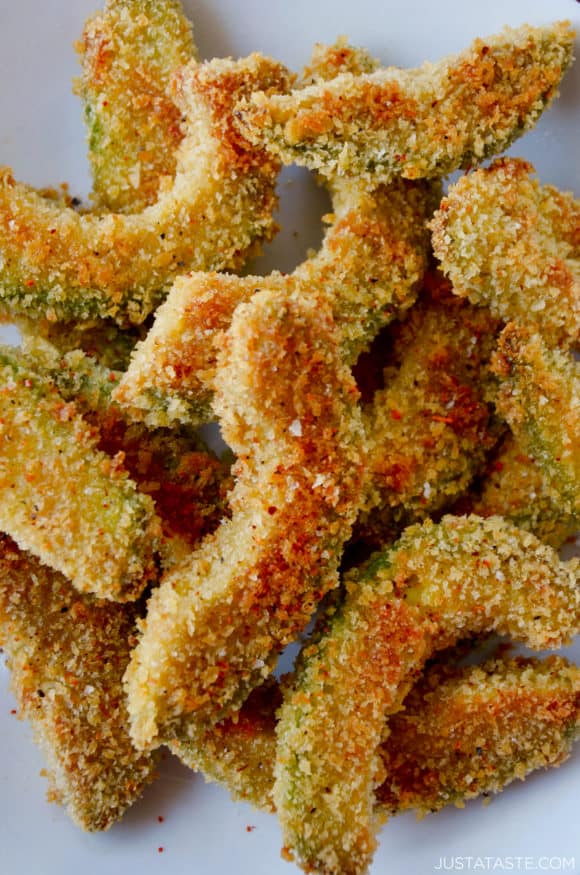 Closeup view of baked avocado fries