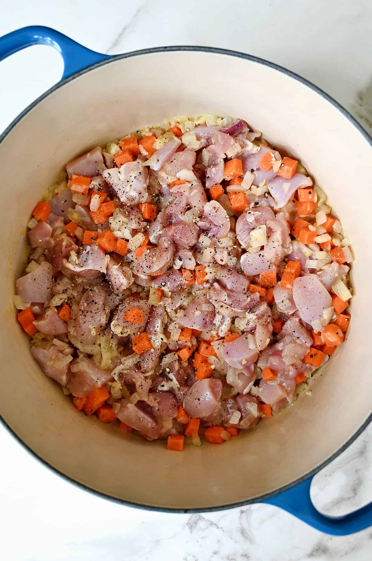 Chicken thigh pieces in a Dutch oven with sautéed diced carrots and onions.