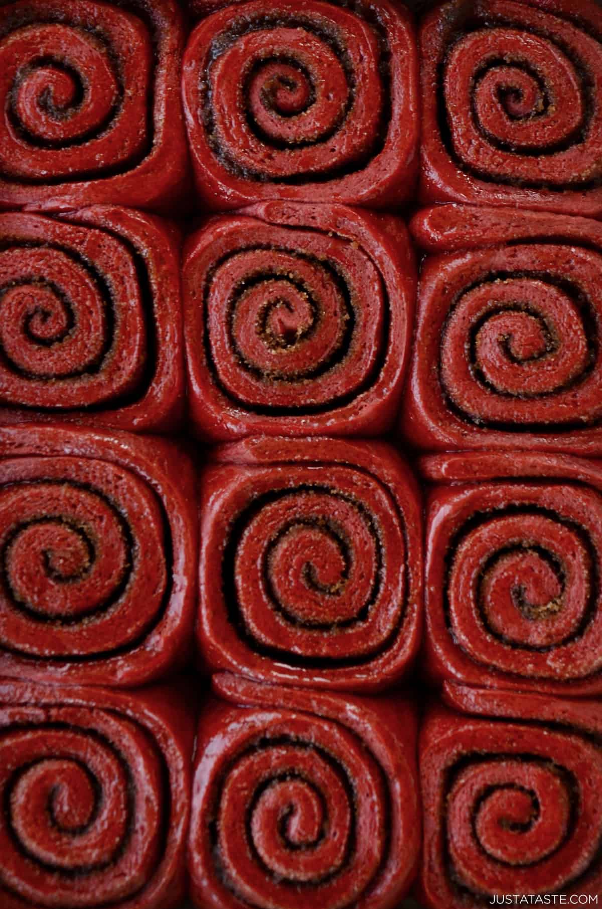 Unfrosted red velvet cinnamon rolls.