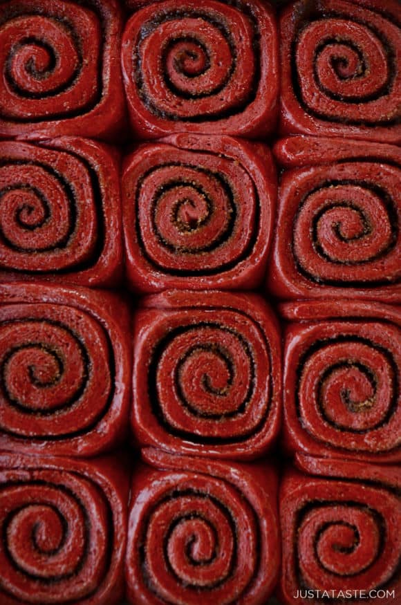A close-up shot of red velvet cinnamon rolls