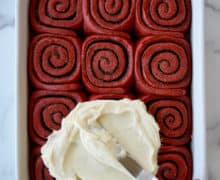 Red Velvet Cinnamon Rolls with Cream Cheese Frosting
