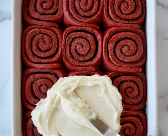 Red Velvet Cinnamon Rolls with Cream Cheese Frosting