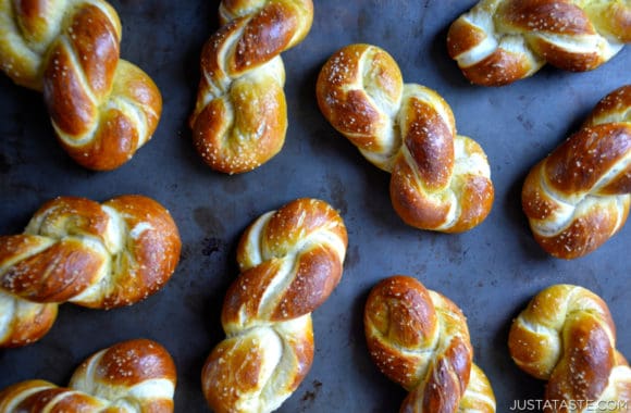 Easy Homemade Soft Pretzel Twists on blue background