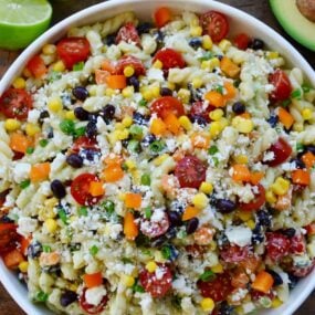 Large bowl containing Southwestern Pasta Salad with Avocado Dressing