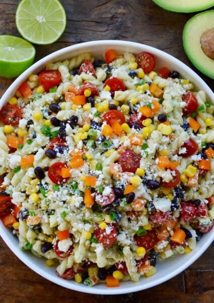 Large bowl containing Southwestern Pasta Salad with Avocado Dressing