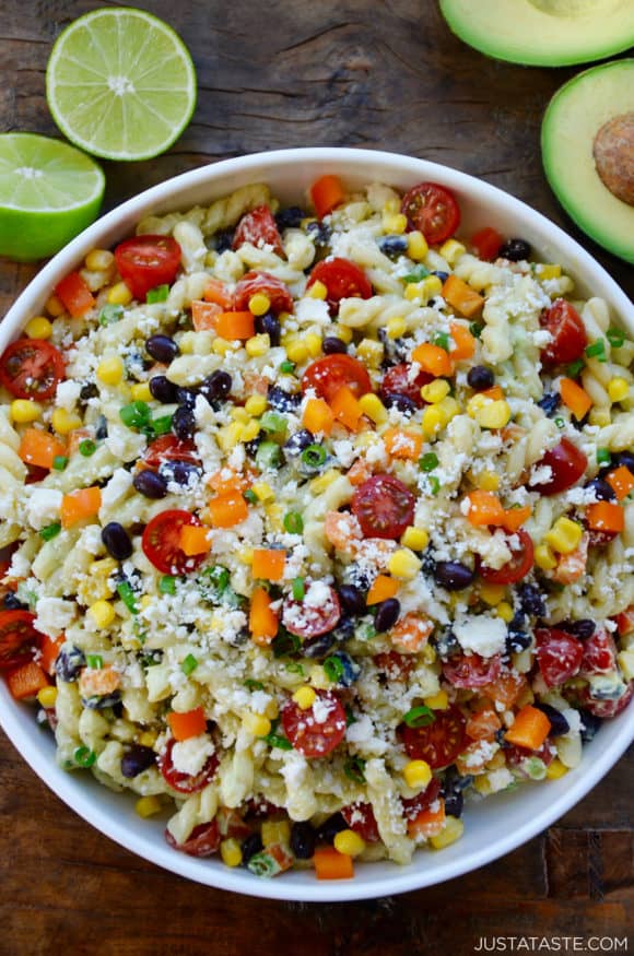 Large bowl containing Southwestern Pasta Salad with Avocado Dressing