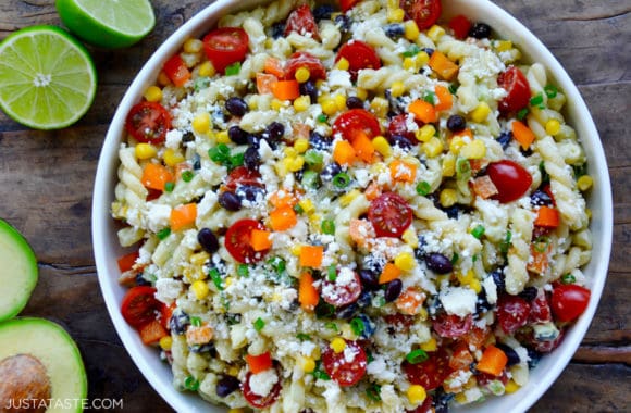 Large bowl containing Southwestern Pasta Salad with Avocado Dressing