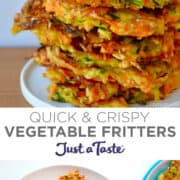 Top image: A tall stack of crispy vegetable fritters topped with sour cream and chopped scallions. Bottom image: A top-down view of vegetable fritters on a white plate.