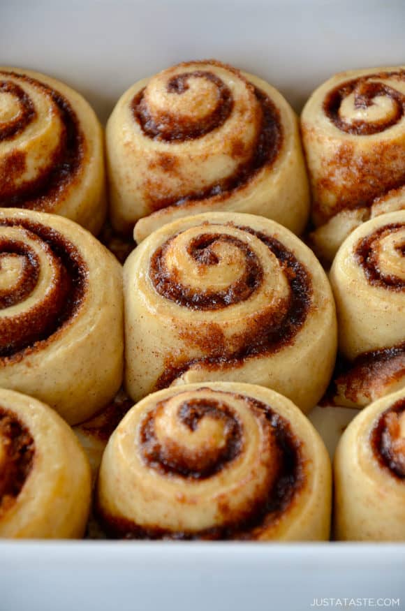 A close-up of unfrosted cinnamon rolls