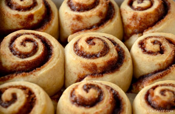 A close-up of no-yeast cinnamon rolls