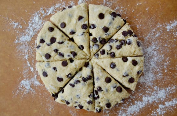 Scone dough disc cut into eight wedges