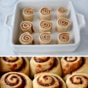 Vertical collage of images. Top image: A baking dish containing homemade cinnamon rolls, half of which are frosted. Second image: A white baking dish containing unbaked cinnamon rolls. Third image: Closeup view of freshly baked, unfrosted cinnamon rolls. Last image: Mixer over clear bowl containing cream cheese frosting.