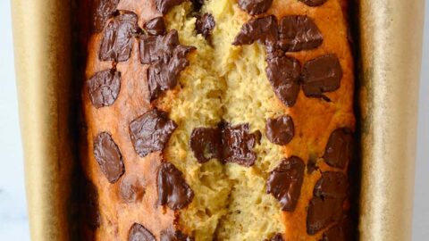 Olive Oil Banana Bread in parchment-lined bread pan