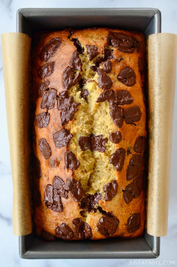 Olive Oil Banana Bread in parchment-lined bread pan