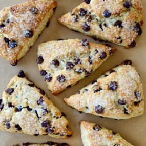 Top down view of easy Sour Cream Chocolate Chip Scones