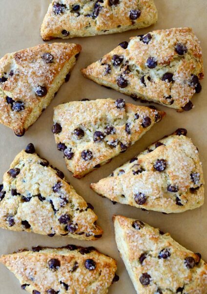 Top down view of easy Sour Cream Chocolate Chip Scones