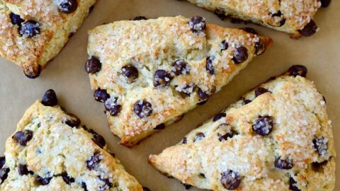 Top down view of easy Sour Cream Chocolate Chip Scones