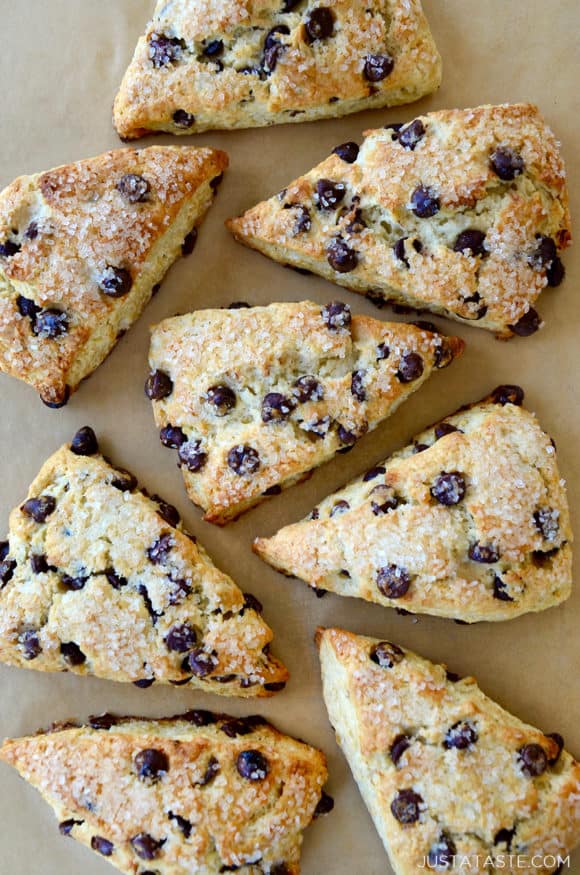 Top down view of easy Sour Cream Chocolate Chip Scones 