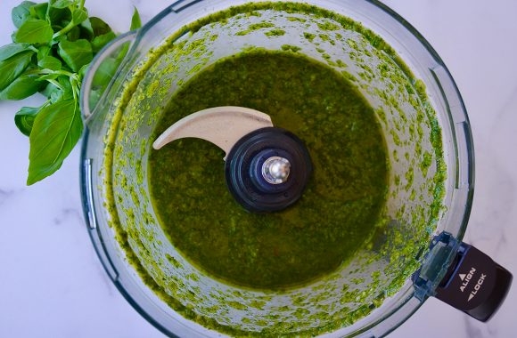 Food processor with freshly made basil vinaigrette