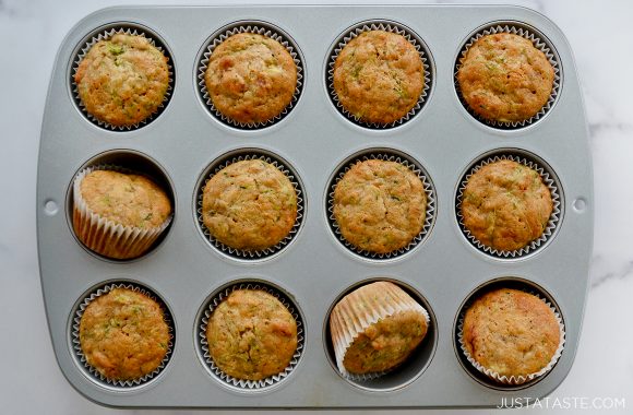 Muffin tin with freshly baked easy Zucchini Banana Muffins