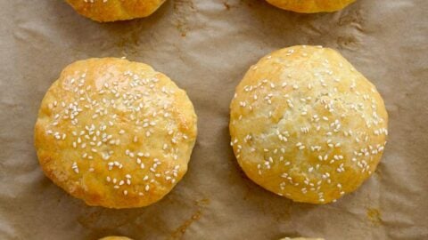 Six Quick Homemade Burger Buns Without Yeast on parchment paper-lined baking sheet