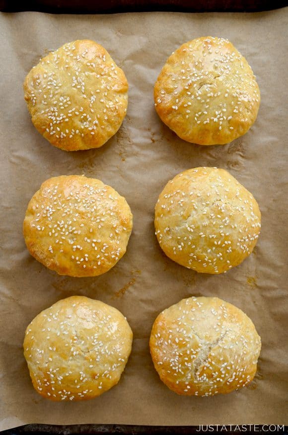 Six Quick Homemade Burger Buns Without Yeast on parchment paper-lined baking sheet