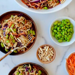 Top down view of Chilled Ramen Noodles with Peanut Dressing