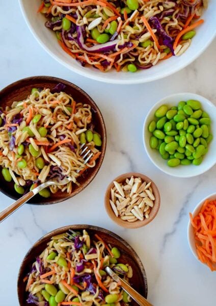 Top down view of Chilled Ramen Noodles with Peanut Dressing