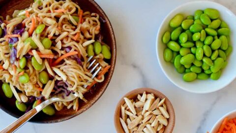 Top down view of Chilled Ramen Noodles with Peanut Dressing