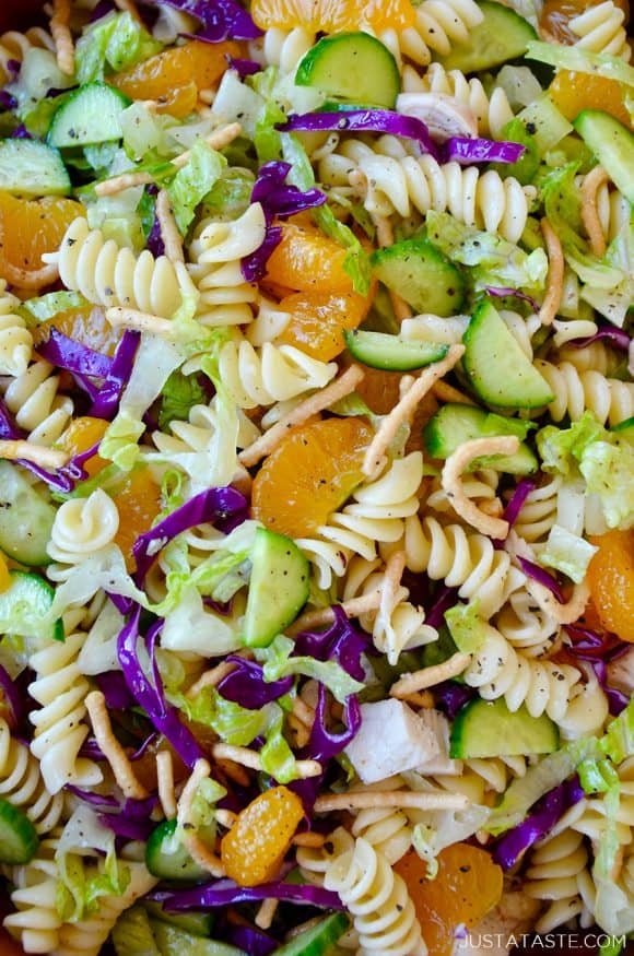 Closeup view of easy Chinese Chicken Pasta Salad with homemade sesame dressing