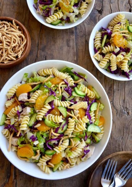 Top down view of bowl containing Chinese Chicken Pasta Salad with Sesame Dressing