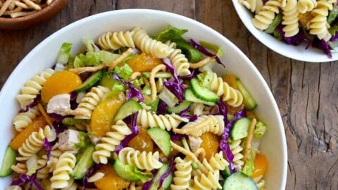 Top down view of bowl containing Chinese Chicken Pasta Salad with Sesame Dressing