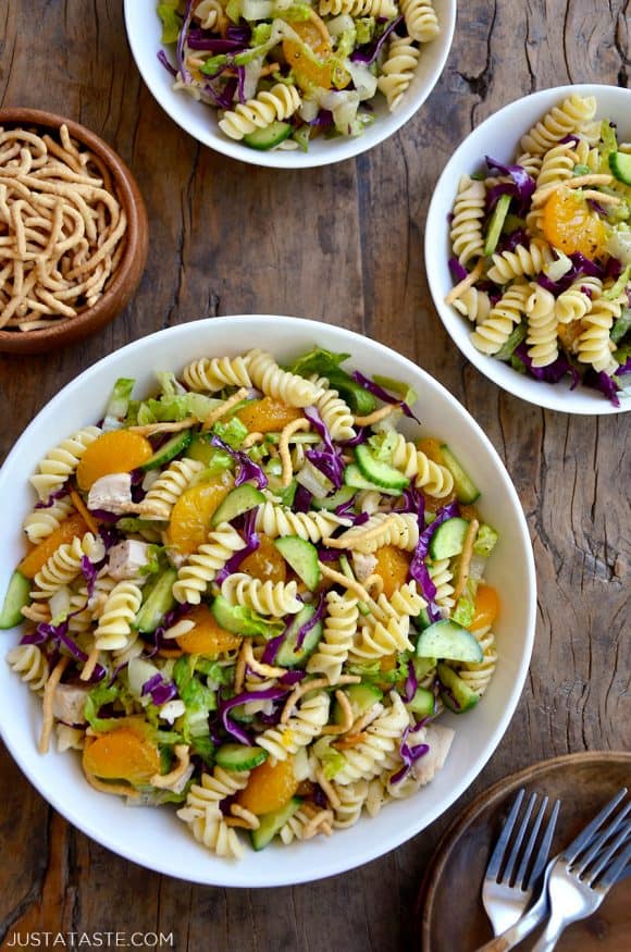 Top down view of bowl containing Chinese Chicken Pasta Salad with Sesame Dressing