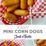 Top image: A close-up view of mini corn dogs in a red food basket. Bottom image: A top-down view of mini corn dogs in a red food basket lined with red and white checkered parchment paper.
