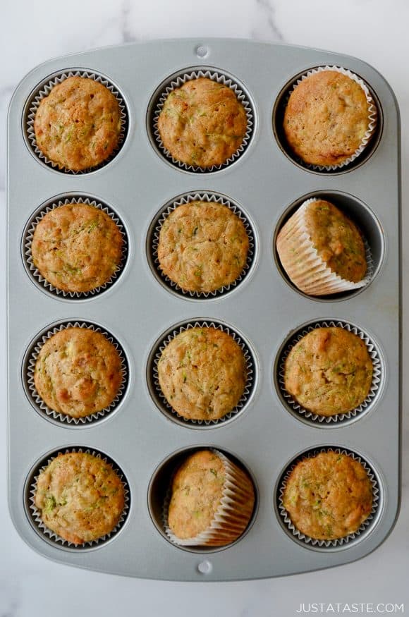 Muffin tin with homemade Zucchini Banana Muffins