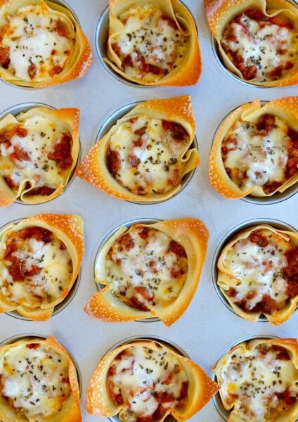 Muffin Tin Lasagna Cups topped with mozzarella cheese