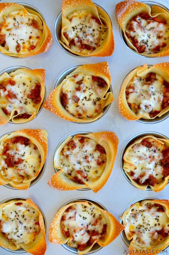 Muffin Tin Lasagna Cups topped with mozzarella cheese